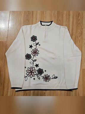 Alfred Dunner Flower Embroidered Quarter-Zip Sweater